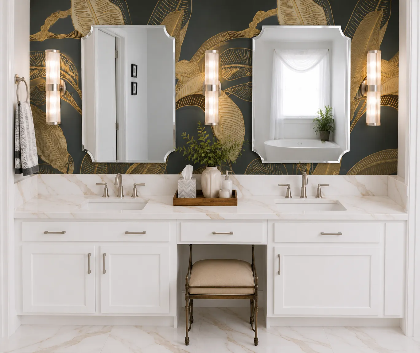 Guest bathroom with a white double vanity, marble countertop and patterned wallpaper