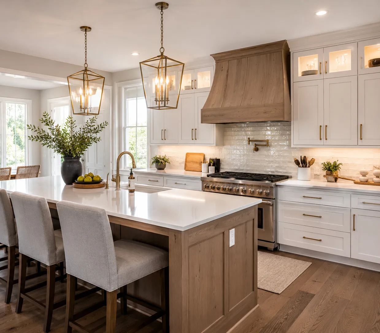 Remodeled kitchen with white cabinetry, an oak island and a custom wood range hood